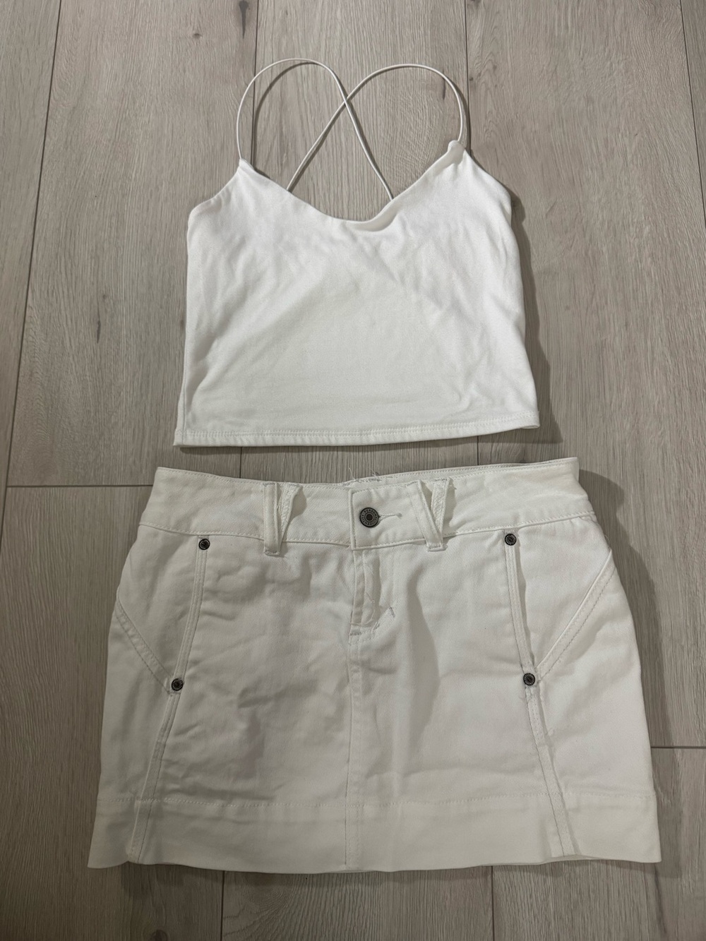 PERSONAL IDENTITY White Denim Skirt (Sz 3) & LIVE IN THE MOMENT Crop Top (XS)